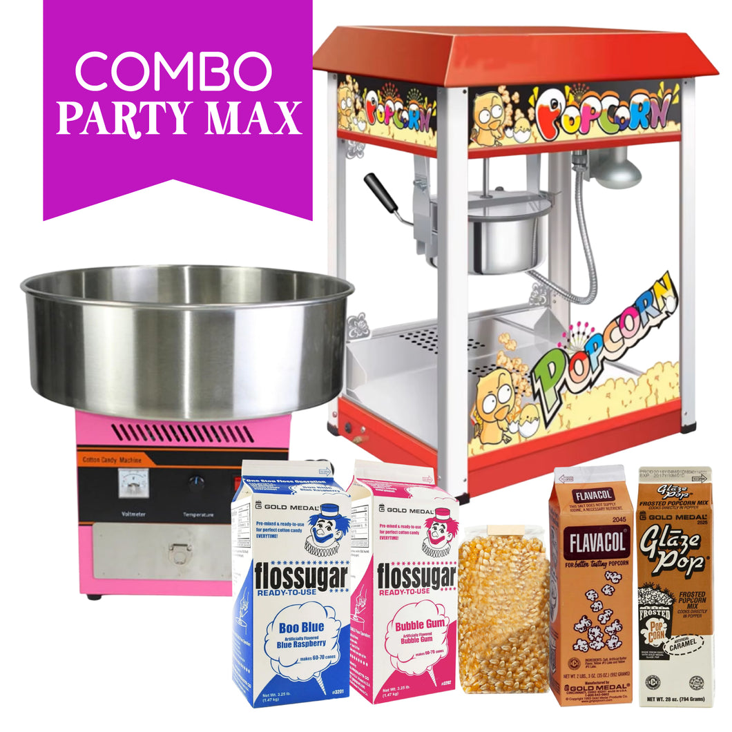 COMBO PARTY MAX - TODO EN UNO - MAQUINA DE ALGODÓN DE AZÚCAR Y POPCORN GRANDES + INSUMOS - 1 UNID.