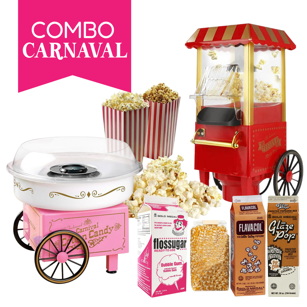 COMBO CARNAVAL - TODO EN UNO - MAQUINA DE ALGODÓN DE AZÚCAR Y POPCORN  + INSUMOS - 1 UNID.