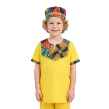 Cargar imagen en el visor de la galería, VESTUARIO ETNIA NEGRA PARA NIÑO AMARILLO - CAMISA y KUFI - 1 UNID.
