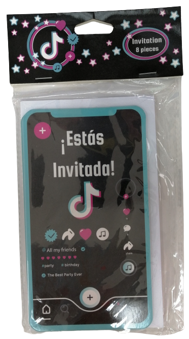 TIK TOK INVITACIONES CON SOBRE - 8.5X15.5 CM - 8 UNID.