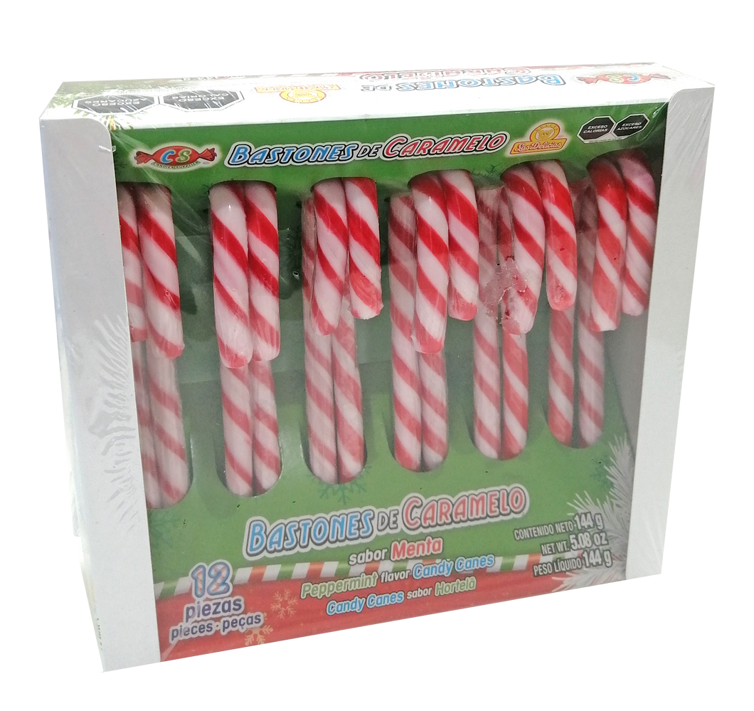 BASTONES DE CARAMELO SABOR MENTA - 144 GRAMOS - 12 UNID.